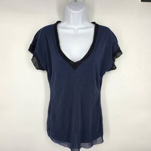 Pete Women's XL Navy Blue V-Neck Top Sheer Mesh Knit Crochet Trim Shirt
